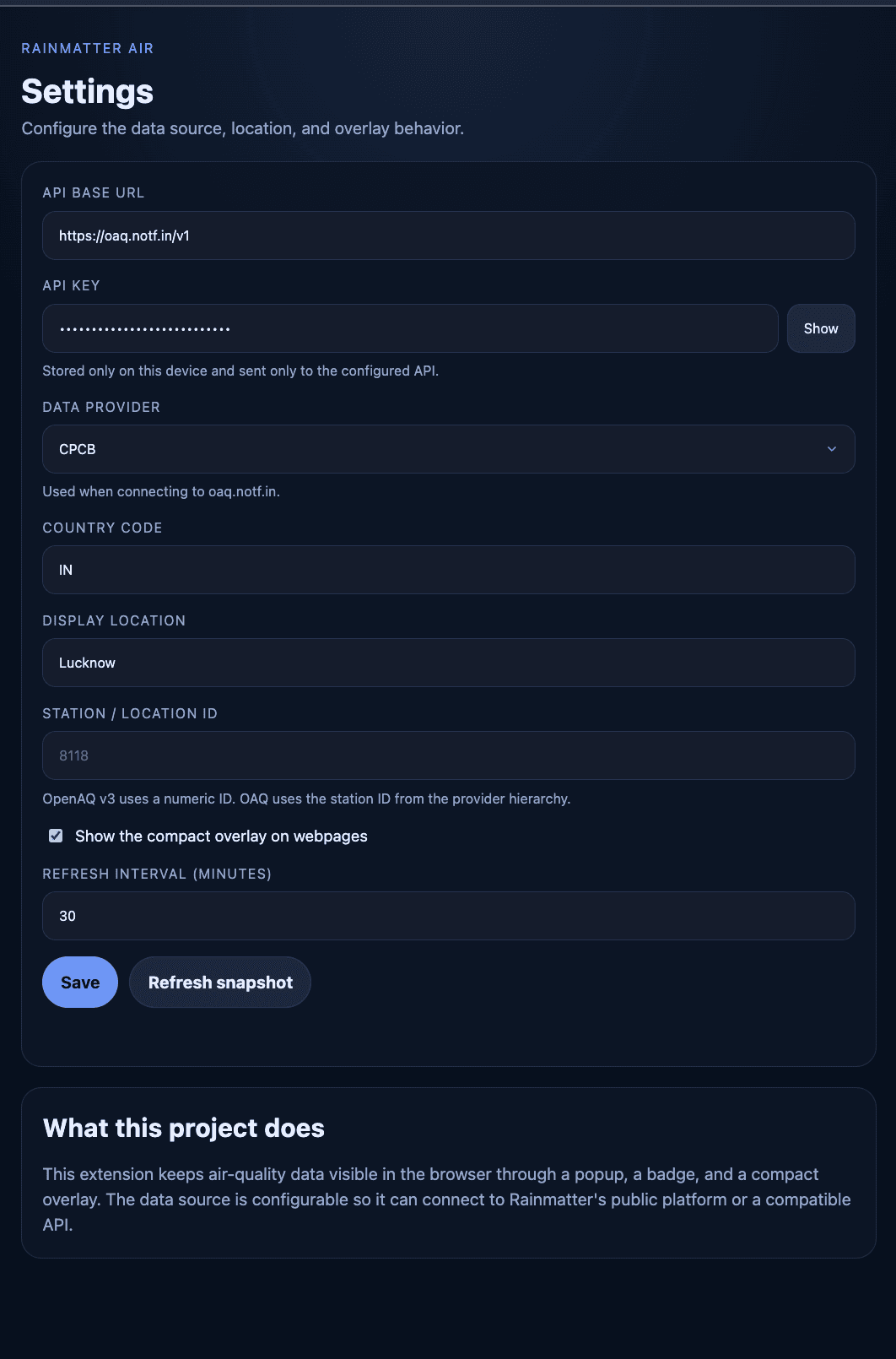 Settings page for configuring API endpoint, provider, and location